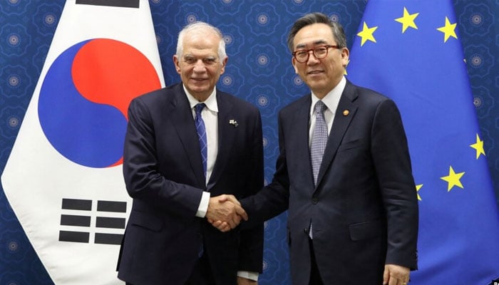 South Korean Foreign Minister Cho Tae-yul (right) shakes hands with European Union foreign policy chief Josep Borrell prior to a meeting at the Foreign Ministry in Seoul. —Reuters/File