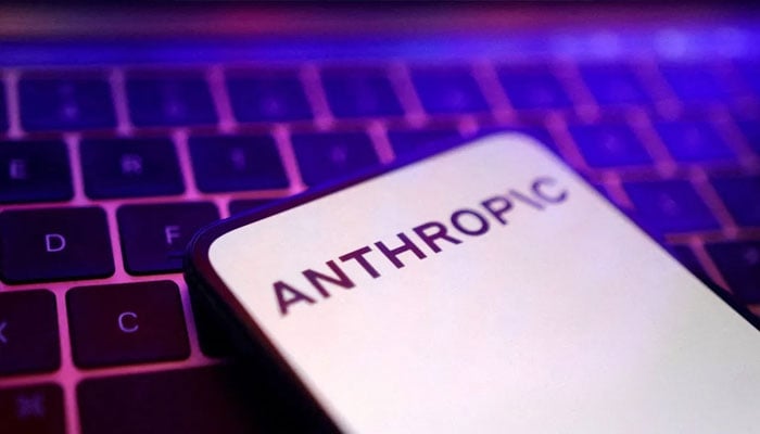 A representational image of logo of Anthropic shown on a mobile screen placed on a keyboard. —Reuters/File