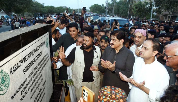 Sindh Chief Minister Syed Murad Ali Shah, accompanied by Mayor Karachi Murtaza Wahab, inaugurates the Azeempura bridge flyover on June 14, 2026. — Facebook@SindhCMHouse