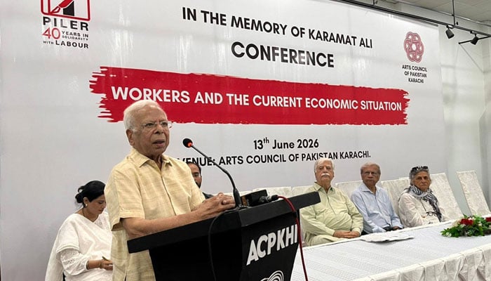 Former State Bank of Pakistan governor Dr Ishrat Husain speaks during a conference organised by Piler at Haseena Moeen Hall of the Arts Council of Pakistan on June 14, 2026. — Facebook@PILERPakistan