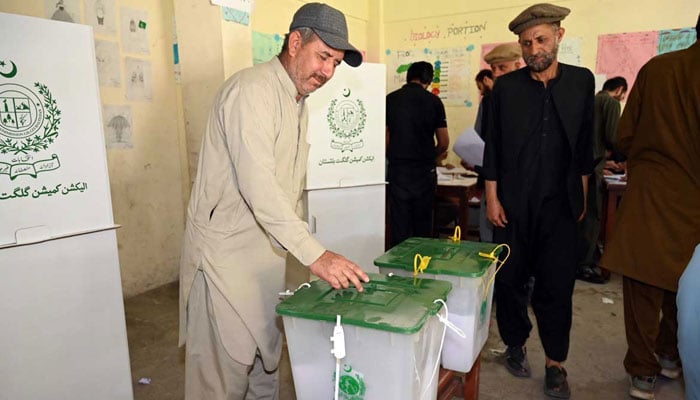 A voter casts his vote at a polling station during the Gilgit-Baltistan General Elections 2026 on June 7, 2026. —  APP
