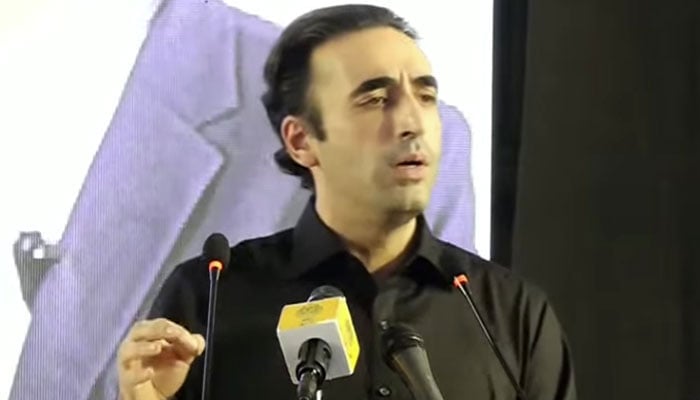 PPP Chairman Bilawal Bhutto Zardari addresses an event in connection with 47th death anniversary of PPP founder and former prime minister Zulfikar Ali Bhutto in Garhi Khuda Bakhsh on April 4, 2026. — Screengrab via Geo News