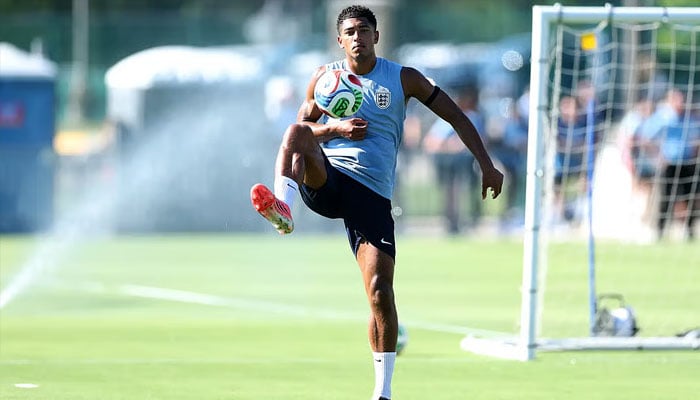 England’s Jude Bellingham controls the ball during a training session in Kansas City. —AFP/File