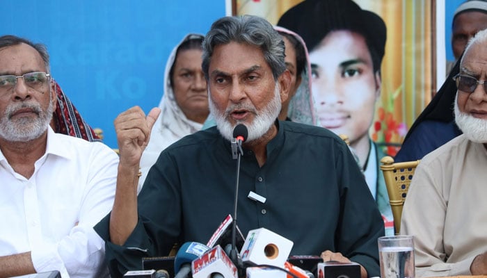 The Karachi Jamaat-e-Islami acting chief and opposition leader in the Karachi Metropolitan Corporation, Saifuddin Advocate, addresses a press conference at Idara Noor-e-Haq on June 15, 2026. — Facebook@Khijamaat