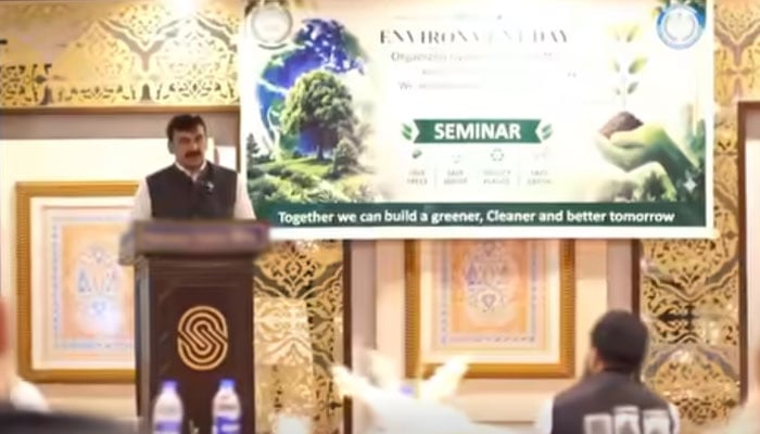Secretary of Health Shahid Ullah Khan addresses participants during an awareness event to mark World Environment Day 2026 in Peshawar on June 15, 2026. — Screengrab via Facebook@HealthKPGovt