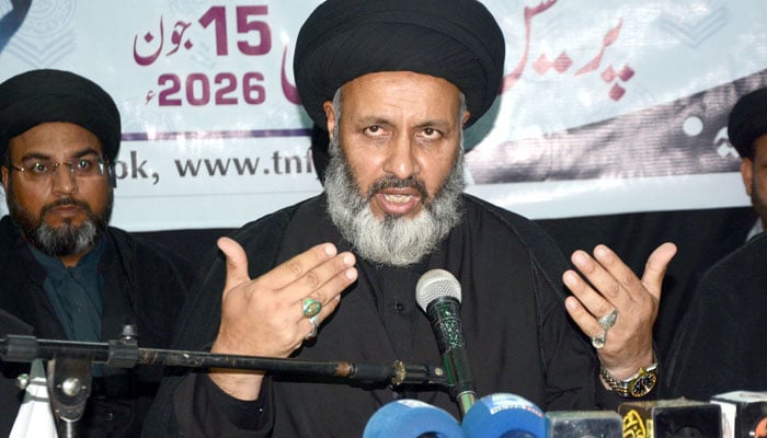 Chief of Tehreek-e-Nifaz-e-Fiqh-e-Jafariya (TNFJ) Pakistan Allama Agha Syed Hussain Muqaddasi  addresses a press conference at Ali Masjid on June 15, 2026. — Online