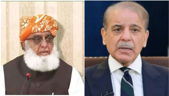 This collage shows Jamiat Ulema-e-Islam F chief Maulana Fazlur Rehman (left), and Prime Minister Shehbaz Sharif. — Screengrab via GeoNews/PID/File