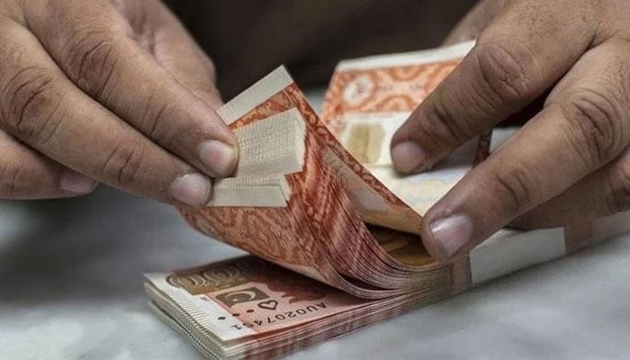 This image shows a person counting Pakistan currency notes. — AFP/File