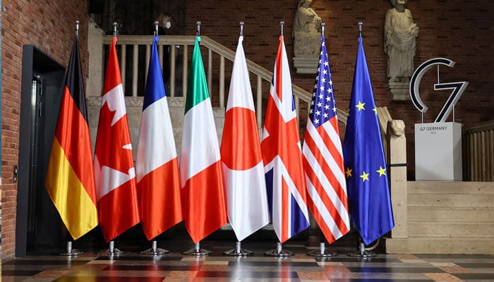 Flags are pictured during the first working session of G-7 foreign ministers in Muenster, Germany, November 3, 2022.—Reuters
