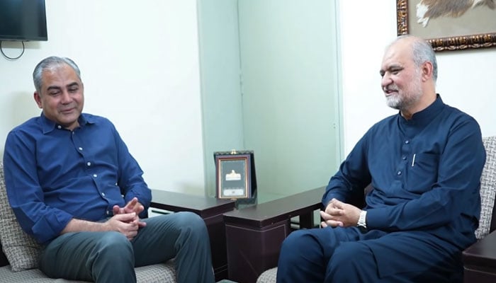 Federal Interior Minister Mohsin Naqvi (left) meets Hafiz Naeem-ur-Rehman, Emir of Jamaat-e-Islami Pakistan, at Mansoorah on June 16, 2026. — Screengrab via Facebook@HafizNaeemRehman