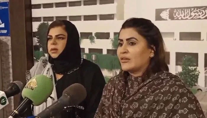 Pakistan Peoples Party Parliamentarians Information Secretary Shazia Marri (right) speaking at a press conference outside Parliament House on September 30, 2025. — Screengrab via Facebook@Bilawalhouse