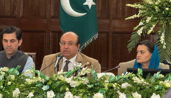 Finance Minister Mujtaba Shuja-ur-Rehman (centre) addresses a post-budget conference on June 17, 2026. — Facebook@zara.shery.92