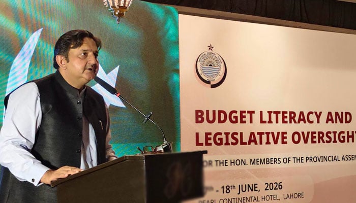 Punjab Assembly Speaker Malik Muhammad Ahmad Khan addresses a two-day Budget Literacy Workshop organised for members of the Punjab Assembly on June 17, 2026. — Facebook@MalikMAhmadKhan