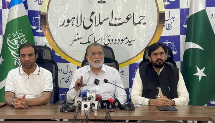 Jamaat-e-Islami Lahore Emir Ziauddin Ansari Advocate (centre) addresses a press conference on June 17, 2026. — Facebook@ZiaAnsariJIP