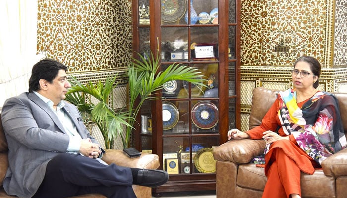 Hashaam Sarwar, CEO of Innovista (left), in a meeting with Vice Chancellor Professor Dr Bushra Mirza during a visit to the Fatima Jinnah Women University (FJWU), along with the team on June 16, 2026. —Facebook@Fjwu_Official