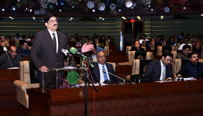Sindh Chief Minister Syed Murad Ali Shah presents the provincial budget for the fiscal year 2026-27 during the Sindh Assembly session on June 17, 2026. — Facebook@OfficialGoS
