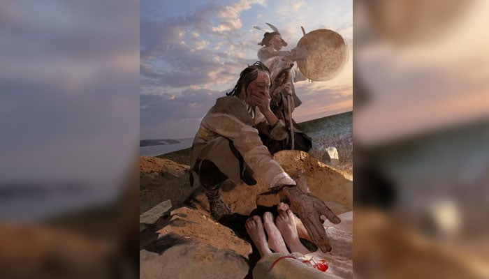 An artists reconstruction of hunter-gatherers in the vicinity of Lake Baikal in Siberia from about 5,500 years ago burying people who died of plague, seen in this image released on June 17, 2026.—Reuters