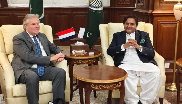Punjab Assembly Speaker Malik Ahmad meets the Ambassador of the Netherlands to Pakistan, Robert-Jan Siegert (left), in the Speaker’s Chamber on June 18, 2026. — Facebook@MalikMAhmadKhan
