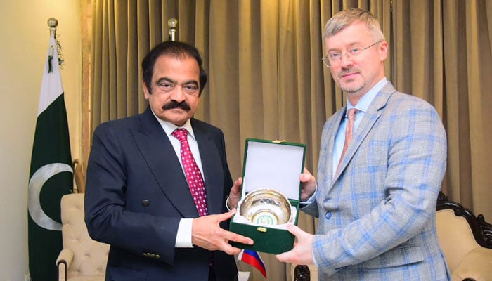 Federal Minister for Inter-Provincial Coordination Rana Sanaullah (left) meets Albert P. Khorev, Ambassador of the Russian Federation to Pakistan, on June 18, 2026. — APP