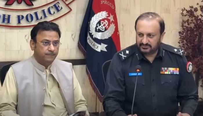 Sindh Home Minister Ziaul Hassan Lanjar (left), along with Javed Alam Odho, chairs a meeting at the Central Police Office (CPO) Karachi to review security arrangements for Muharram on June 18, 2026. — Screengrab via Facebook@Minister for Home and Law Sindh