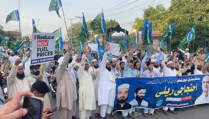Activists of Jamaat-e-Islami (JI) hold a protest demonstration against high petroleum prices  at the Governors House in Peshawar on June 19, 2026. — Facebook@JIKPOfficial
