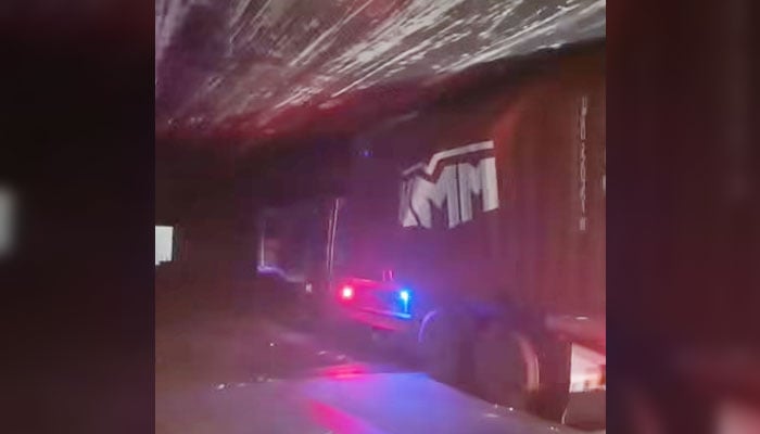 This screengrab, taken on June 19, 2026, shows a container stuck under the Campus Underpass. — Facebook@citytraffic.policelhr