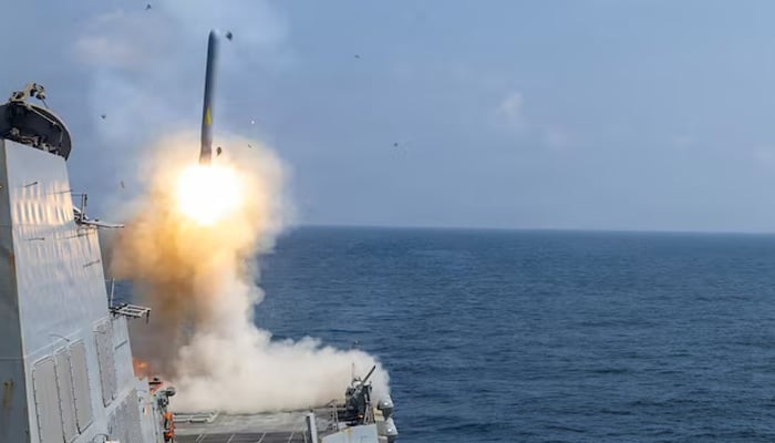 The US Navy Arleigh Burke-class guided-missile destroyer USS Delbert D Black fires a Tomahawk Land Attack Missile (TLAM) in support of the Operation Epic Fury attack on Iran from an undisclosed location February 28, 2026. — Reuters