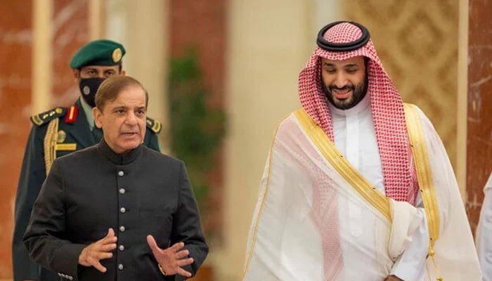 Prime Minister Shehbaz Sharif meets Saudi Crown Prince Mohammed bin Salman in Saudi Arabia on April 30, 2022. — Reuters