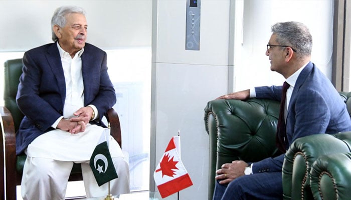 Minister for National Food Security and Research, Rana Tanveer Hussain, during a meeting with Canadian High Commissioner to Pakistan, Tarik Ali Khan, in Islamabad. —Radio Pakistan