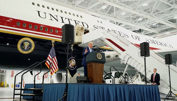 US President Donald Trump delivers a speech as he stands in front of the VC-25B aircraft gifted by Qatar that will be used as Air Force One, at Joint Base Andrews, Maryland, US, June 19, 2026.—Reuters