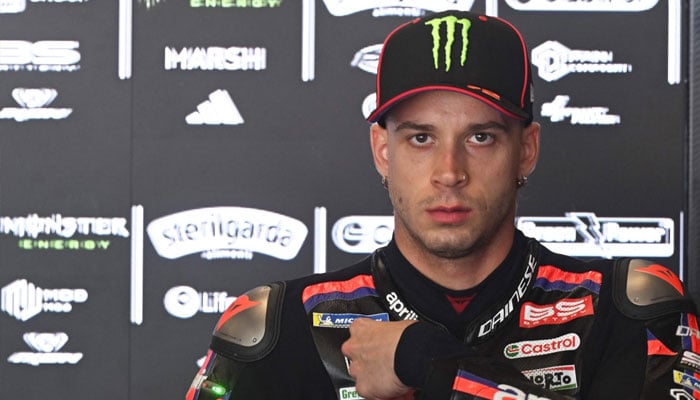 Team Aprilia Racings Marco Bezzecchi is seen in the box during a free practice session prior to the MotoGP Grand Prix of Czechia in Brno, Czech Republic, on June 20, 2026.—AFP