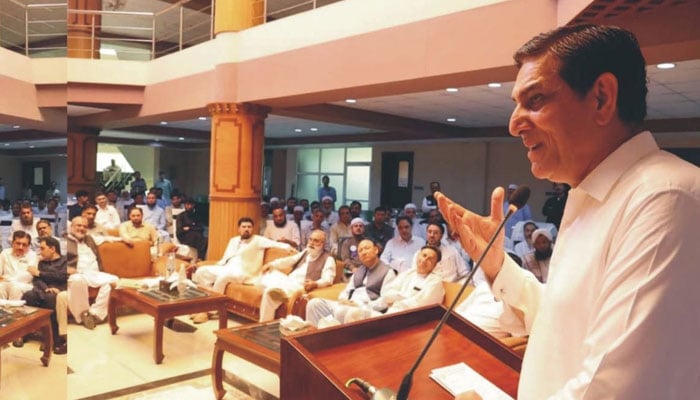 Provincial Minister of Energy and Power, KP Nazir Ahmad Abbasi addresses a ceremony at the Pedo office on June 21, 2026. — Facebook@Nazir Ahmed Abbasi