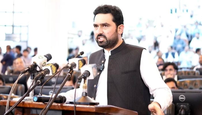 Khyber Pakhtunkhwa Chief Minister Sohail Afridi presents the provincial budget for the fiscal year 2026-27 during a KP Assembly session in Peshawar, June 19, 2026. — X/@GovernmentKP