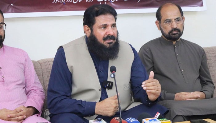 Jamaat-e-Islami Punjab Emir M Javed Kasuri, along with others, addresses a press conference at Mansoorah on June 22, 2026. — Facebook@JI4Punjab