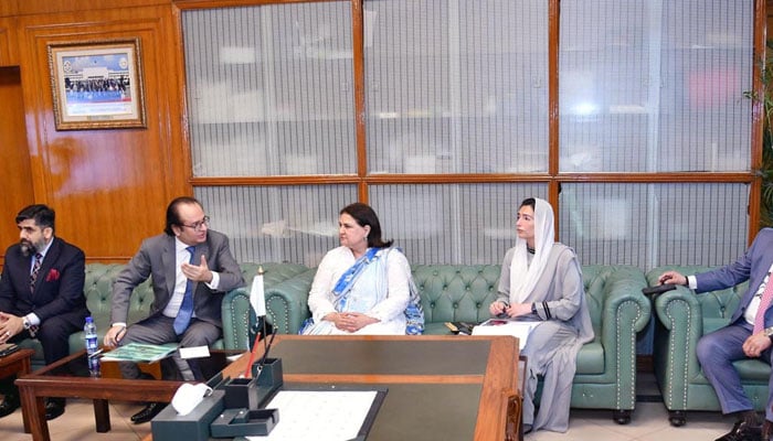 First Lady Bibi Aseefa Bhutto Zardari (centre right) attends a briefing by Chairperson Benazir Income Support Programme (BISP) Senator Rubina Khalid (centre left) at Parliament House on June 22, 2026. — APP