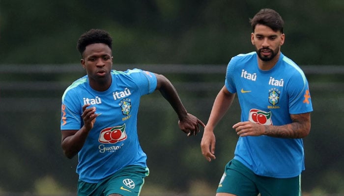 Brazils Lucas Paqueta and Vinicius Junior during training at Columbia Park Training Facility in Morristown, New Jersey on June 22, 2026.—Reuters