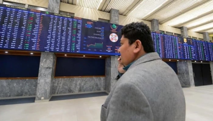 A broker is busy in trading at Pakistan Stock Exchange (PSX) in Karachi on Thursday, April 3, 2025. — PPI