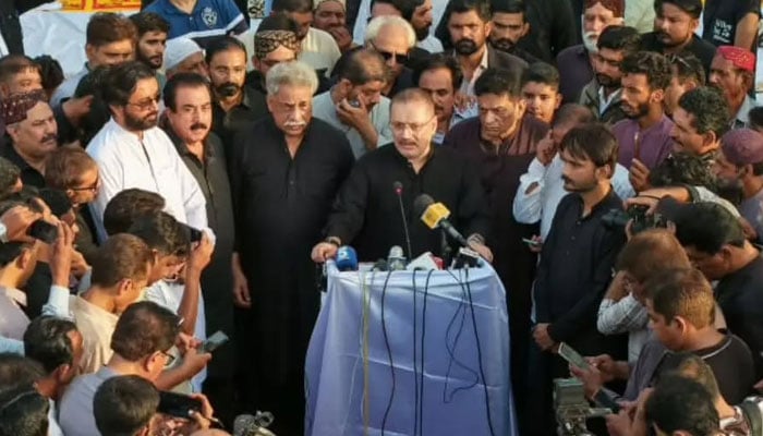 Sindh Senior Minister Sharjeel Inam Memon talks to the media at Raval House in Hyderabad on June 24, 2026. — Facebook@rawalsharjeelmemonSIM