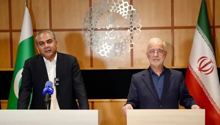 Interior Minister Mohsin Naqvi (left) and his Iranian counterpart Eskandar Momeni speak to media following a meeting during the formers visit to Tehran on June 6, 2026. — ISNA news agency