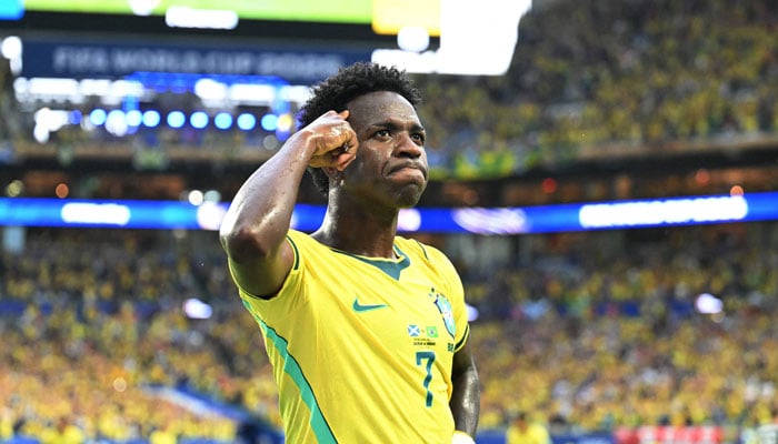 Brazils forward #07 Vinicius Junior celebrates after scoring his teams second goal during the 2026 World Cup Group C football match between Scotland and Brazil at the Miami Stadium in Miami Gardens on June 24, 2026. — AFP