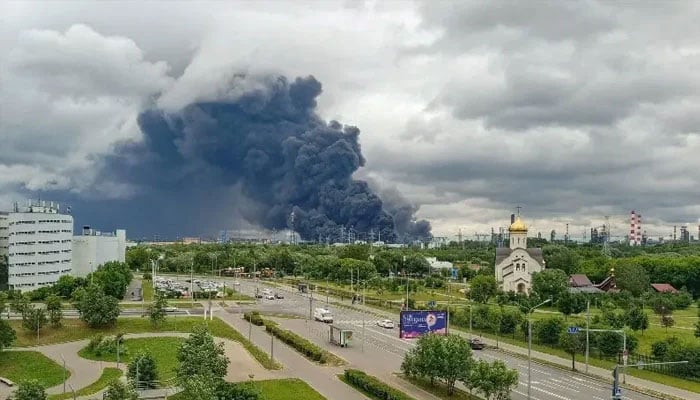Smoke rises from an oil refinery following a Ukrainian drone attack in Moscow, Russia on June 18, 2026. — Reuters