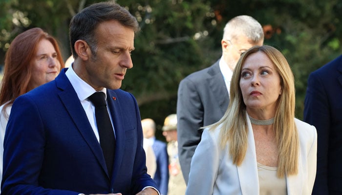 French President Emmanuel Macron welcomes Italian Prime Minister Giorgia Meloni at the Villa Eilenroc as part of a Franco-Italian summit in Antibes, French Riviera, on June 25, 2026. — Reuters