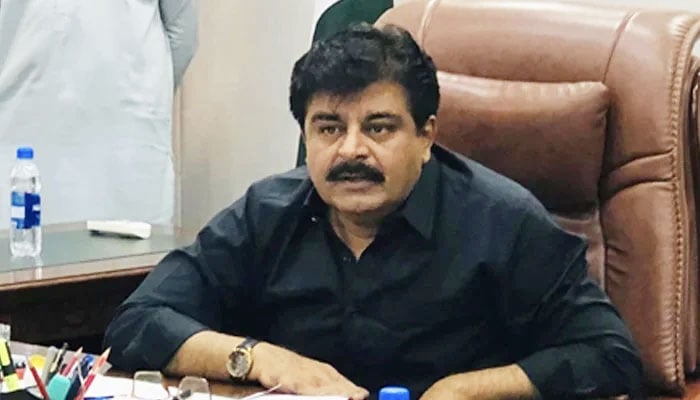 Sindh Mines & Mineral Development Minister Syed Sardar Ali Shah speaks to someone at his office in this image on August 13, 2024. — Facebook@sardarshah.offical