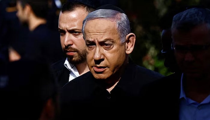 Israeli Prime Minister Benjamin Netanyahu attends the funeral of Gal Meir Eisenkot, 25, an Israeli solider and the son of Israeli cabinet minister and former military chief Gadi Eisenkot, who was killed in northern Gaza during the ongoing ground operation by Israels military in the Gaza Strip, in Herzliya, Israel, December 8, 2023. — Reuters
