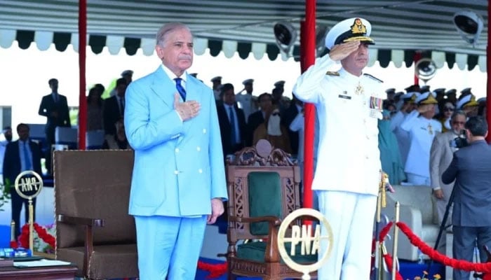 Prime Minister Shehbaz Sharif (left) attends commissioning parade of the 125th Midshipmen and 33rd Short Service Commission Course at the Pakistan Naval Academy in Karachi on June 27, 2027. — PID