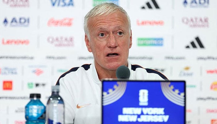 Didier Deschamps, Head Coach of France, speaks during a press conference ahead of the FIFA World Cup 2026 Round Of 32 match between Group France and Sweden at New York New Jersey Stadium.— AFP