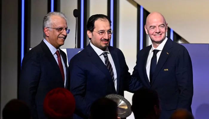 Senior Vice-president of the FIFA Council, Salman bin Ibrahim Al Khalifa, President of the Saudi Arabian Football Federation and FIFA council members Yasser Al Misehal (center) and FIFA president Gianni Infantino pose during the congress onApril 28, 2026. — Reuters