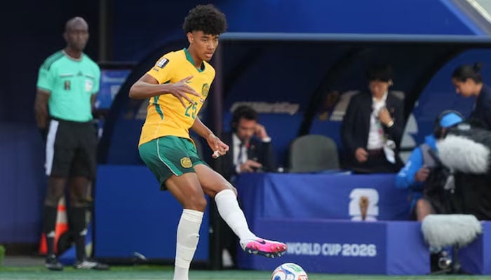 Australia defender Lucas Herrington (25) passes against Paraguay during a Group D match of the 2026 FIFA World Cup at San Francisco Bay Area Stadium.—Reuters
