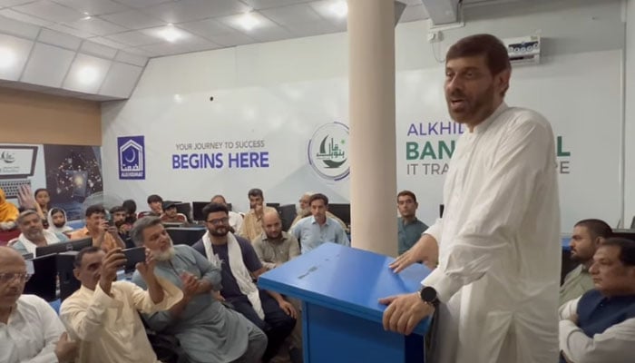 Al-Khidmat Foundation Provincial President Khalid Waqas addresses the ceremony on June 29, 2026. — Screengrab via Facebook@Alkhidmatfoundationkp