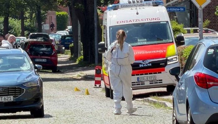 A member of emergency services works at the scene of what the police said was a deadly shooting in the town of Stade, Germany, June 29, 2026. —Reuters